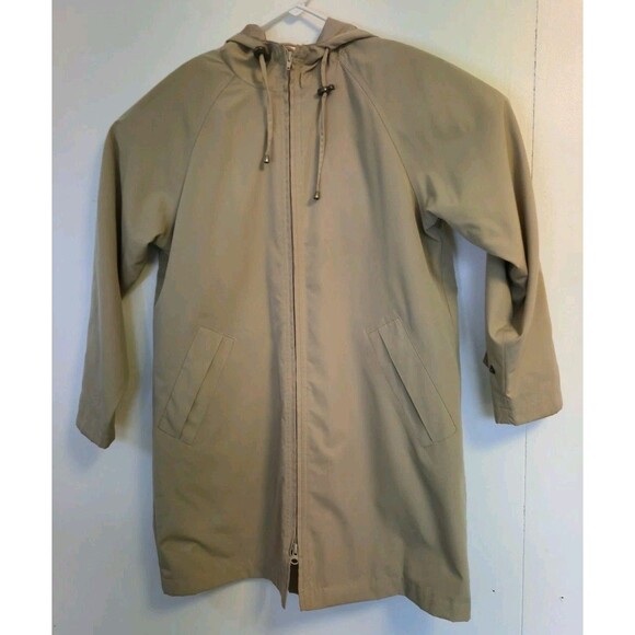 LL Bean Trench Coat Womens Small Petite Jacket Hooded Hoodie Beige Outdoor Camp - Picture 1 of 8